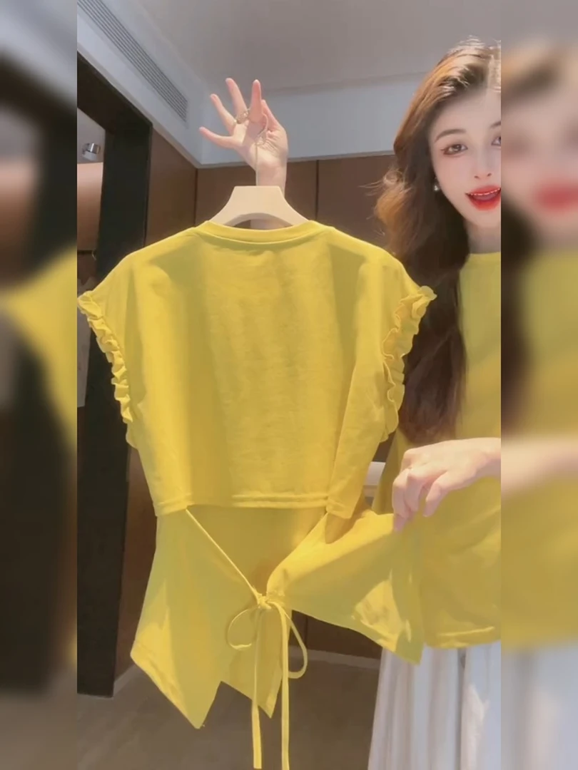 炸街独特漂亮茶里茶气别致上衣气质高级感黄色木耳边无袖衬衫女夏