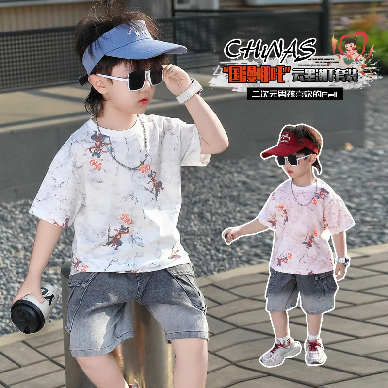 哪吒儿童t恤夏季男童T恤牛仔套装2025新款男宝短袖短裤两件套潮