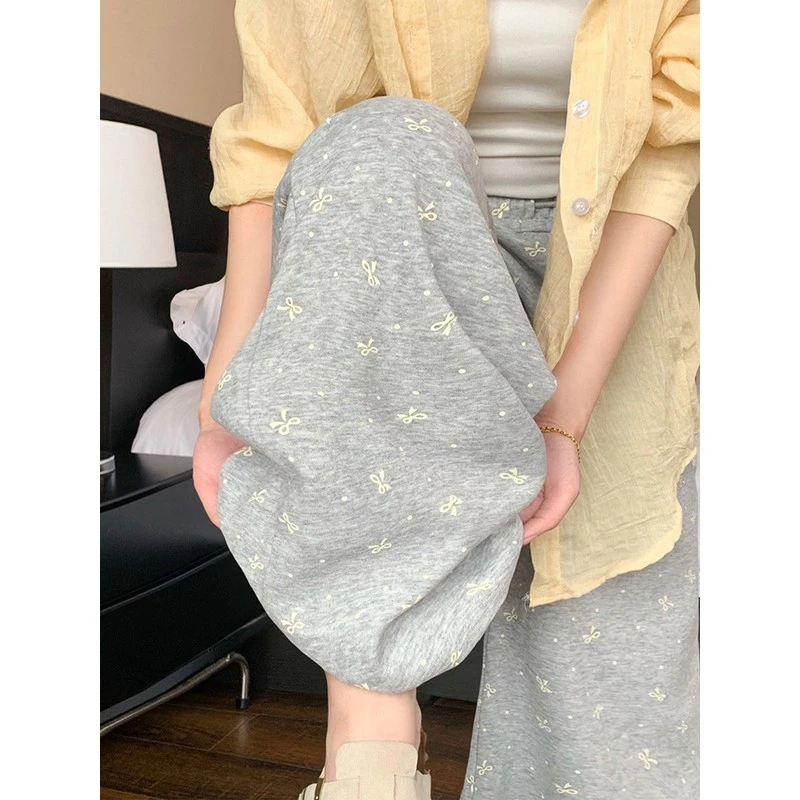 灰色蝴蝶结波点运动裤女2025新款秋季美式高腰慵懒休闲宽松卫裤子