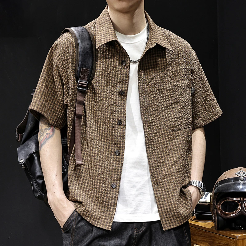 蕉凡短袖衬衫男士休闲百搭夏季潮流日系格子复古设计宽松痞帅时尚