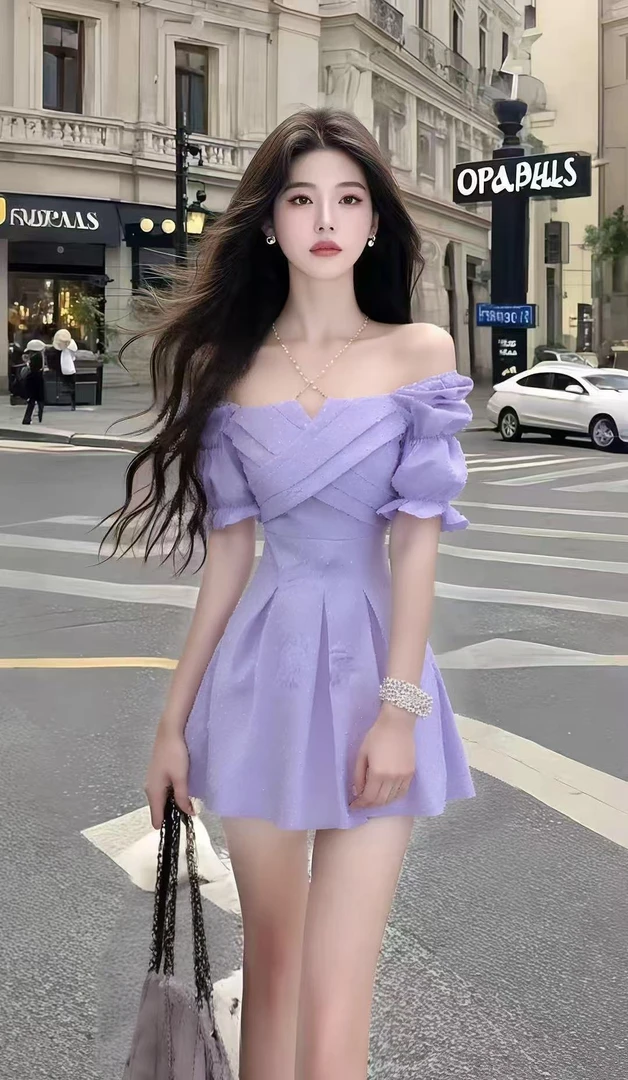 温柔纯欲千金风紫色一字肩露肩收腰显瘦连衣裙女时尚气质高端女装