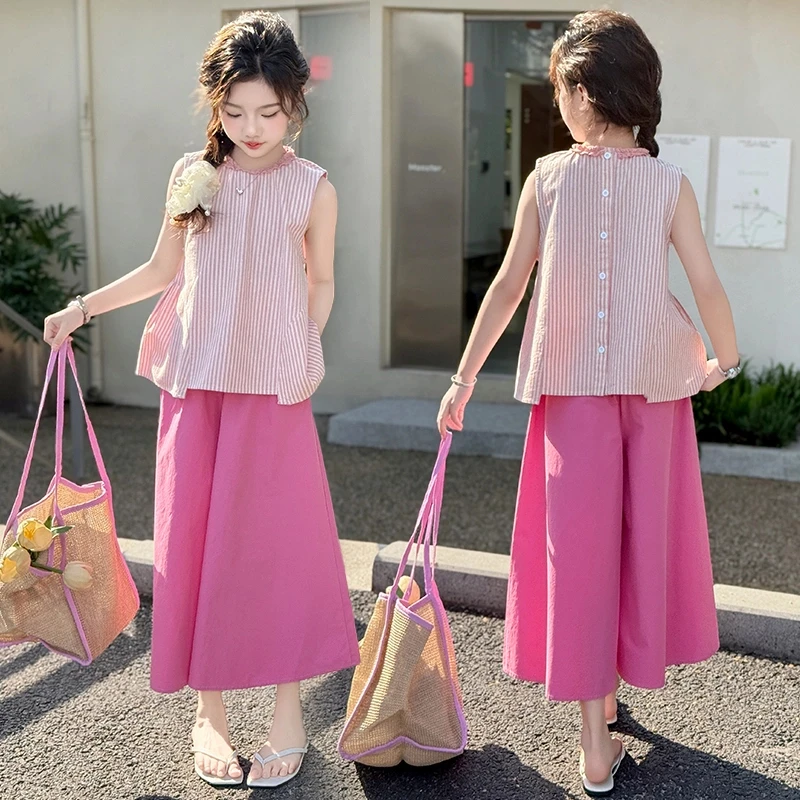 女童夏季套装2025新款洋气时髦儿童韩系穿搭女大童无袖夏季两件套