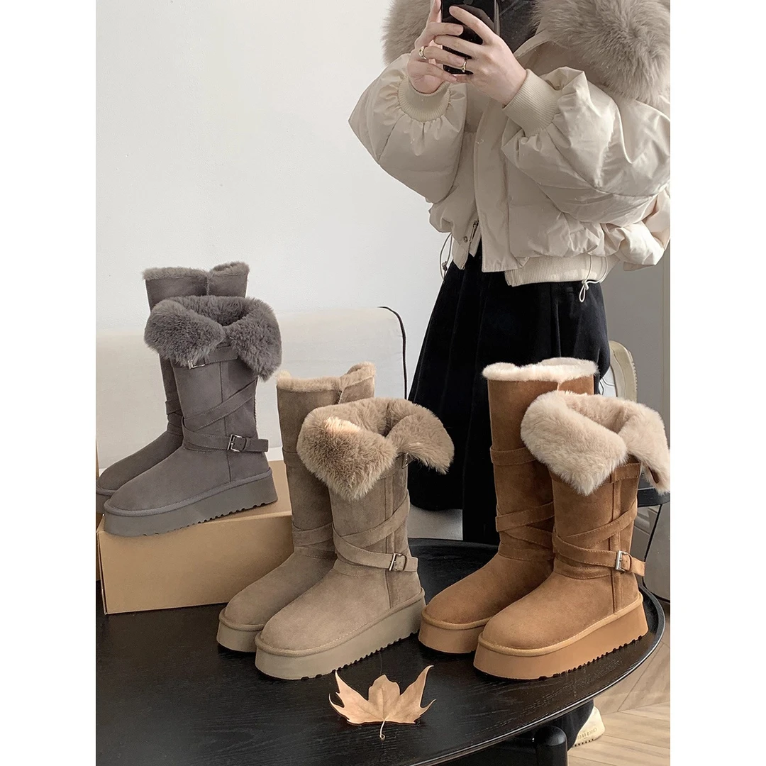 【纯儿专属】灰色长筒雪地靴女厚底加绒加厚高筒保暖棉鞋子