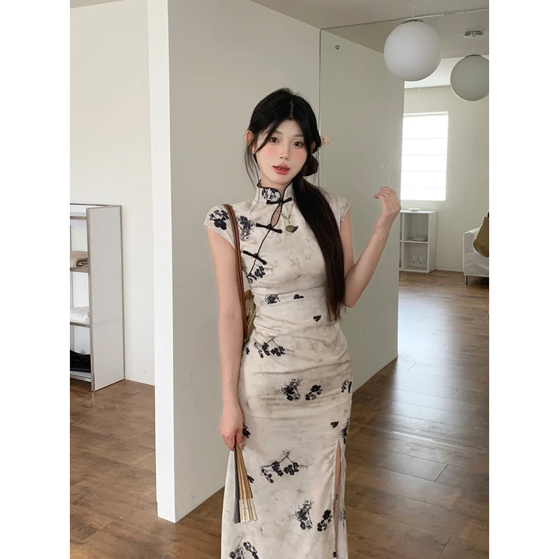 新中式国风碎花改良旗袍连衣裙女夏季收腰显瘦盘扣包臀裙开叉长裙