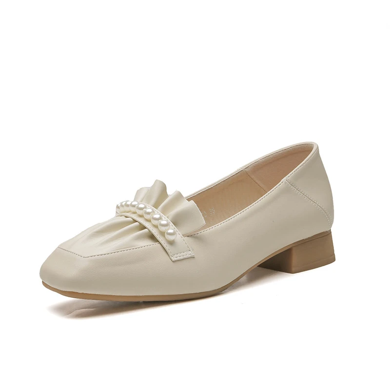 珍珠褶皱浅口粗跟玛丽珍鞋女2026新款软皮温柔时尚单鞋