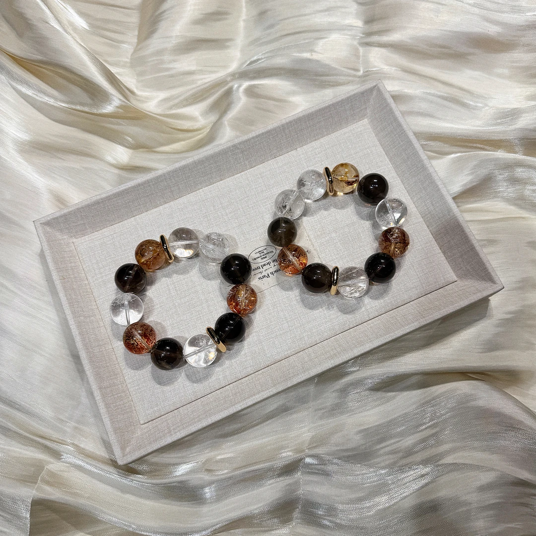 【茶雾】天然茶晶白水大m数金箔设计款串珠颜色微差多样性发其一