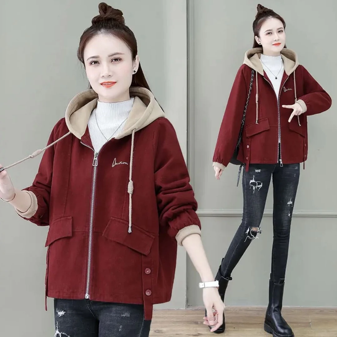 加棉保暖秋冬外套女连帽夹克2023年新款宽松显瘦休闲印花保暖上衣