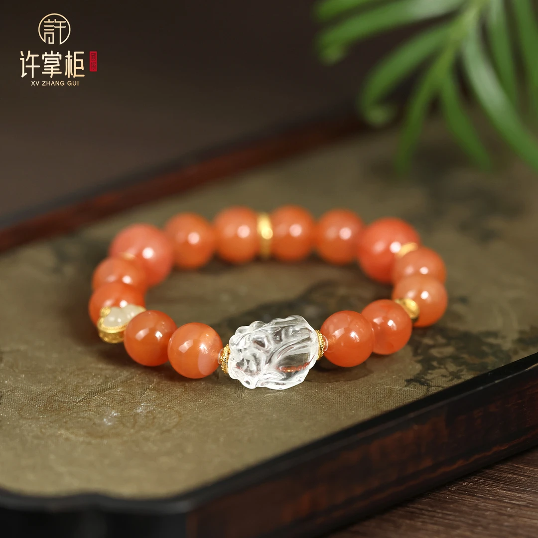 YGY｜瑞赤凝光 S925银镶天然南红圆珠手串锦鲤胶花DIY配饰气质