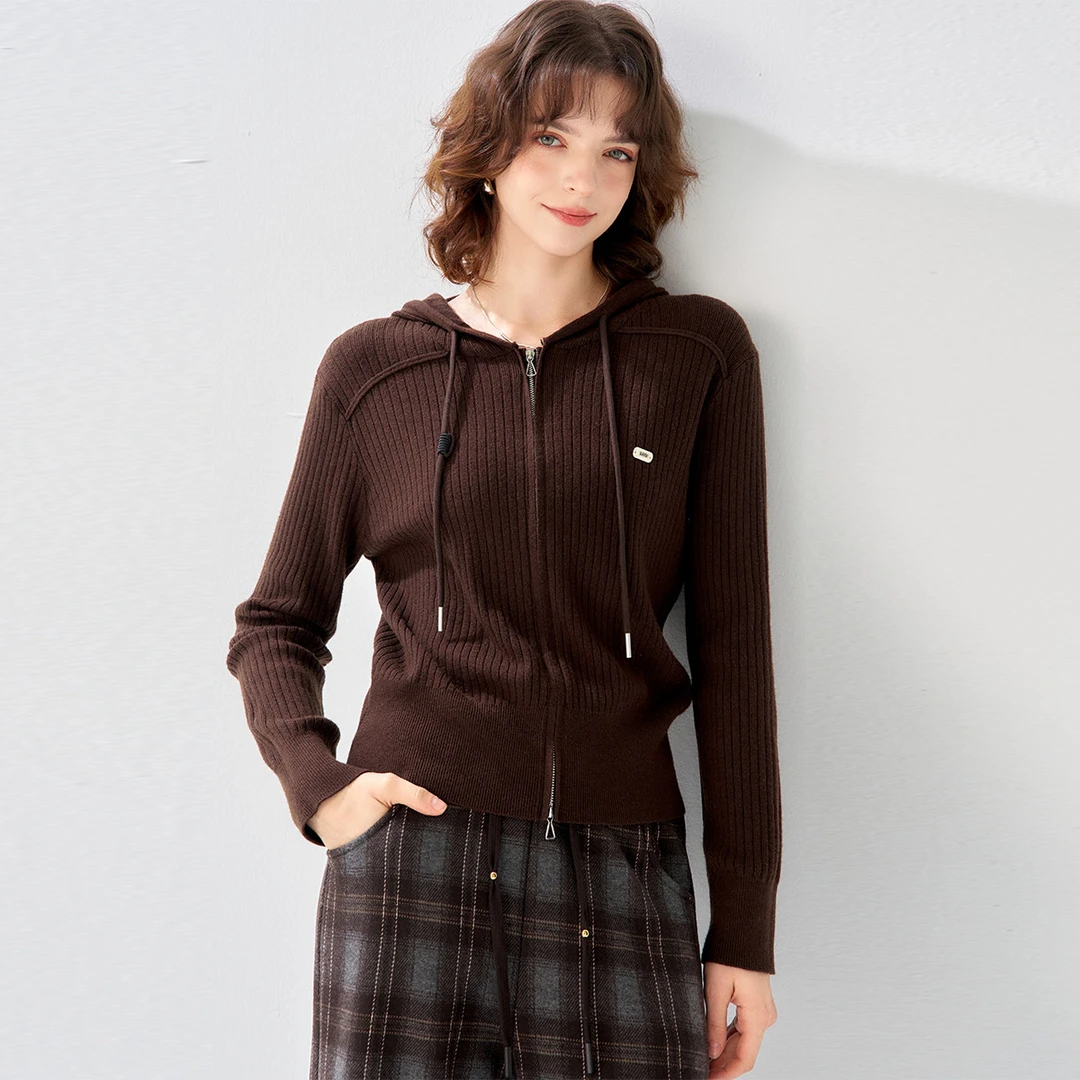 2025秋冬款连帽修身针织连帽开衫气质休闲竖条纹针织衫女N542E018