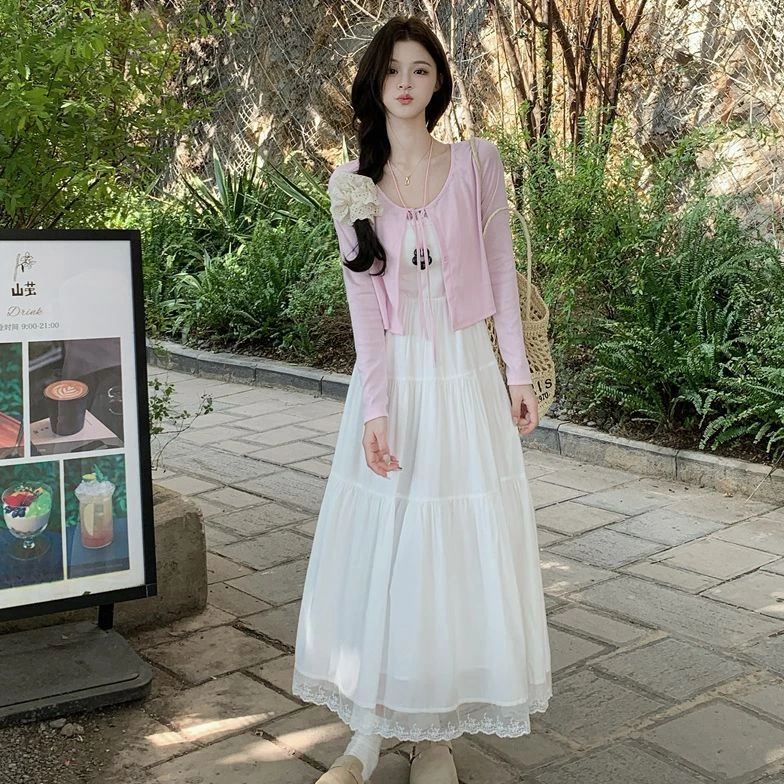 夏季新款韩系吊带蕾丝拼接连衣裙+开衫套装6200