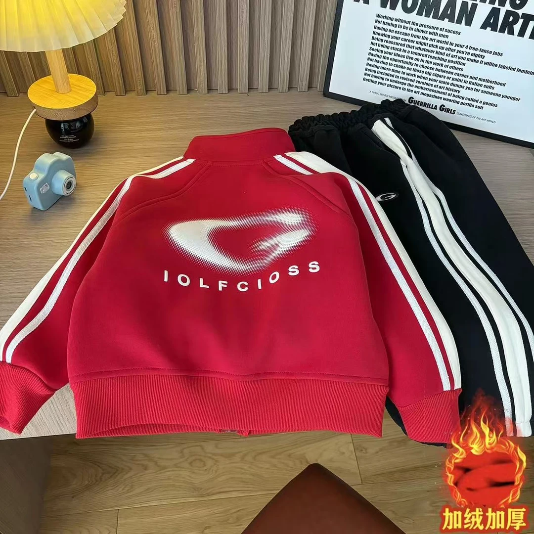 儿童加绒运动套装秋冬款2025新款男童一体绒保暖拉链卫衣长裤童装