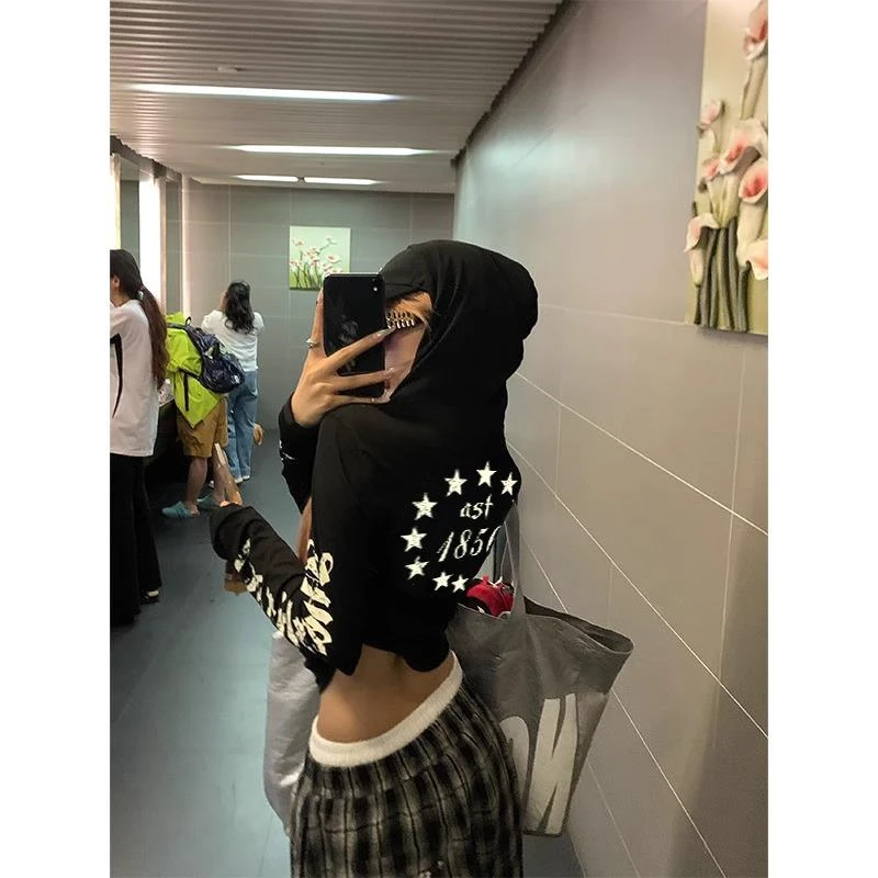 美式袖边字母印花连帽长袖t恤女夏季新辣妹修身显瘦防晒薄衫上衣