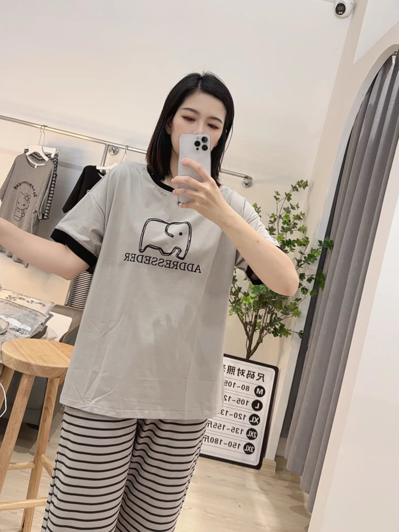 夏季爽棉睡衣女时尚休闲简约宽松印花条纹舒适圆领卡通韩版可外穿