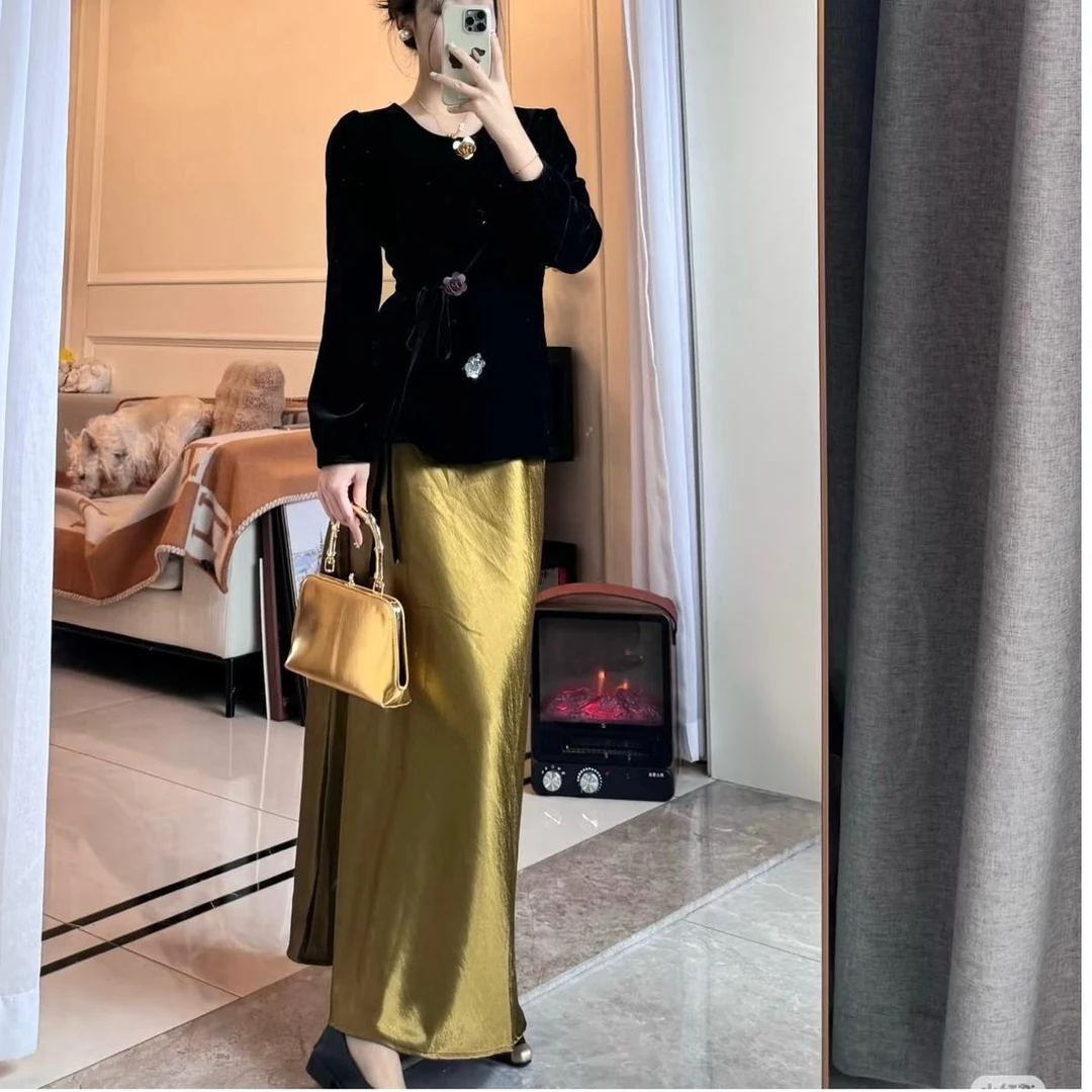 【松紧腰+拉链+侧开叉】秋冬半身裙女新款珠光高腰裙显瘦女装裙子