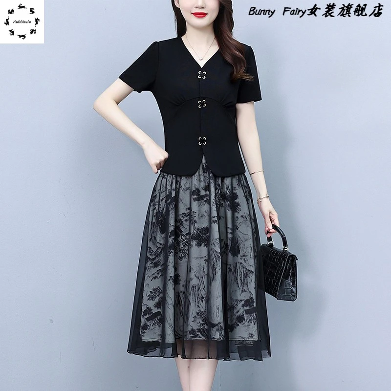 遮肚子显瘦连衣裙子女士夏季大码中年妈妈气质高端雪纺两件套装裙