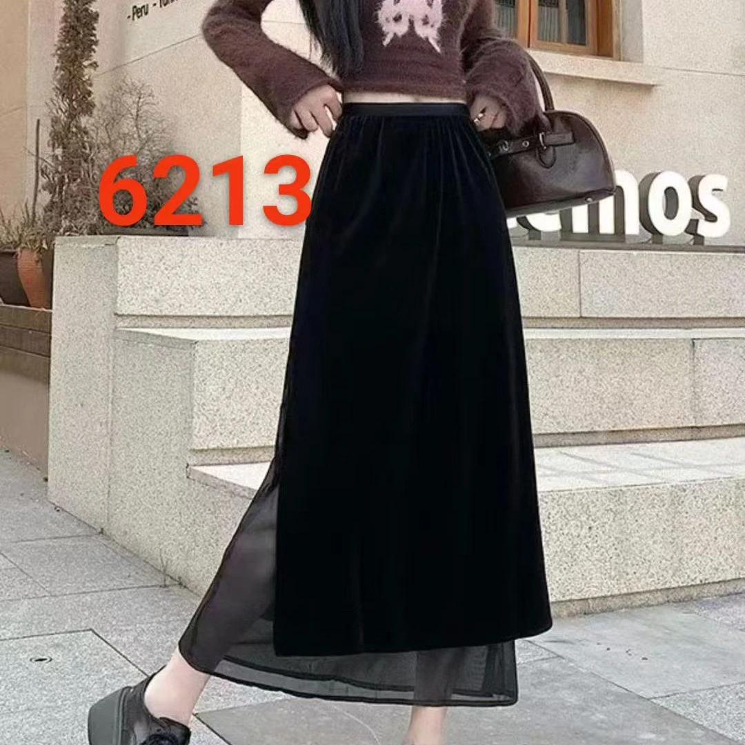 6203新疆包邮秋季高腰显瘦丝绒拼接欧根纱双侧开叉中长半身裙