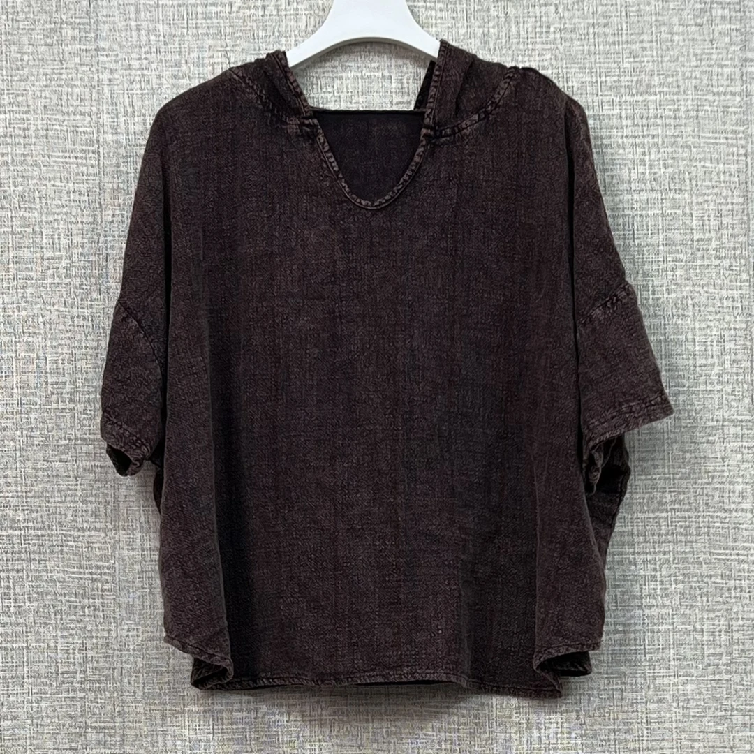 连帽百搭麻料上衣时尚休闲春夏季新款半袖做旧舒适复古宽松炒色女