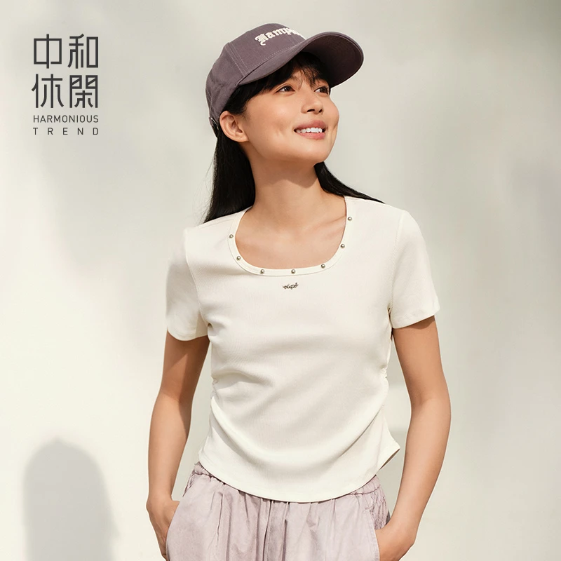 中和休闲U领短袖t恤女2025夏季新款修身正肩显瘦小众设计感小衫