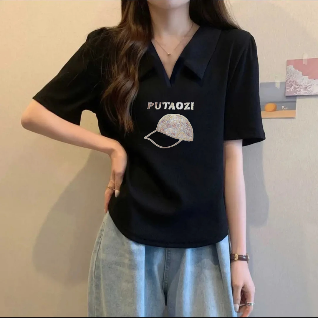 百搭宽松休闲ins风上衣夏季新款POLO领显瘦减龄短袖时尚印花款T恤