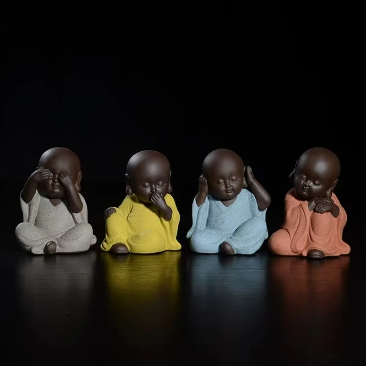 紫砂彩色四不小和尚茶桌玄关柜子摆件