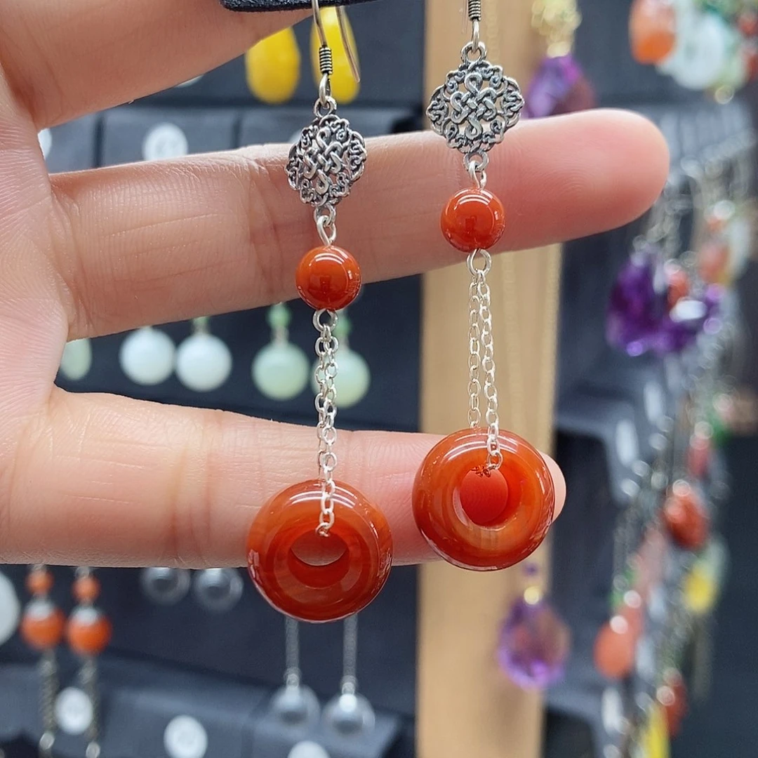 玛瑙/玉髓耳坠银S925镶嵌玲****玉