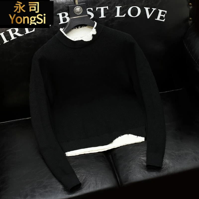 毛衣男士青年假两件黑色时尚男装高端内搭毛衫冬装新款复古打底衫