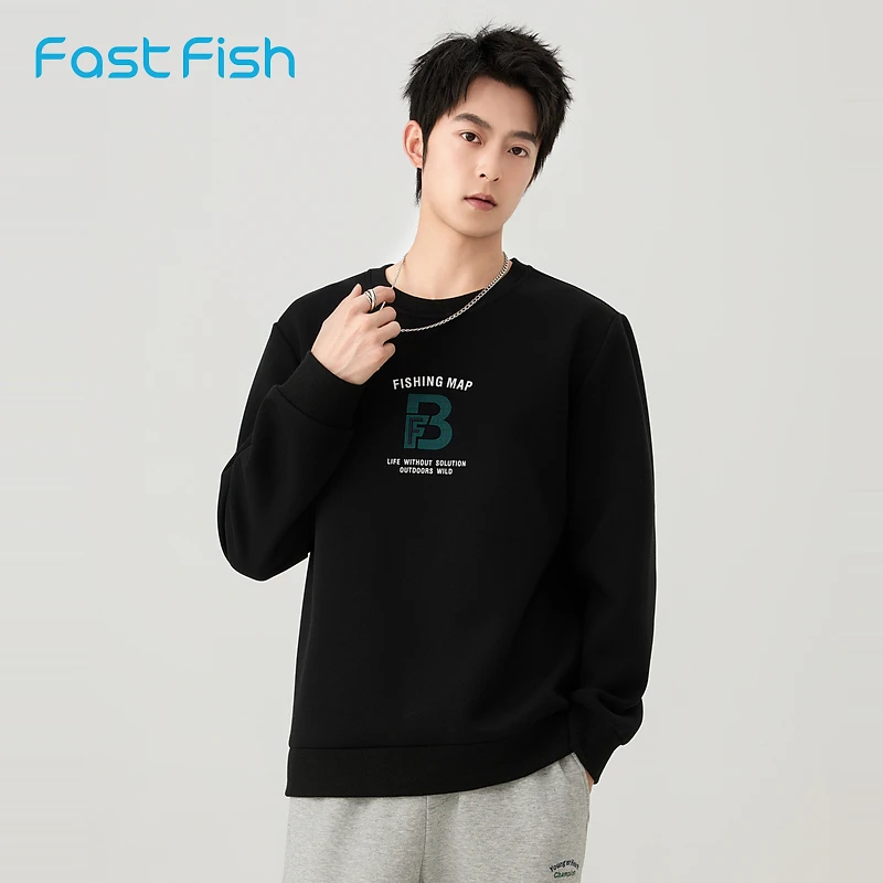 快鱼胸前印花圆领休闲卫衣男装春秋新款日常通勤宽松打底衫卫衣