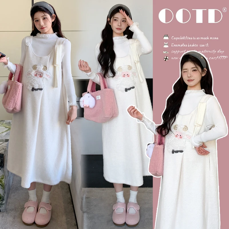 孕妇套装冬2026新款时尚可爱甜美小羊提花加厚背带裙打底衫两件套