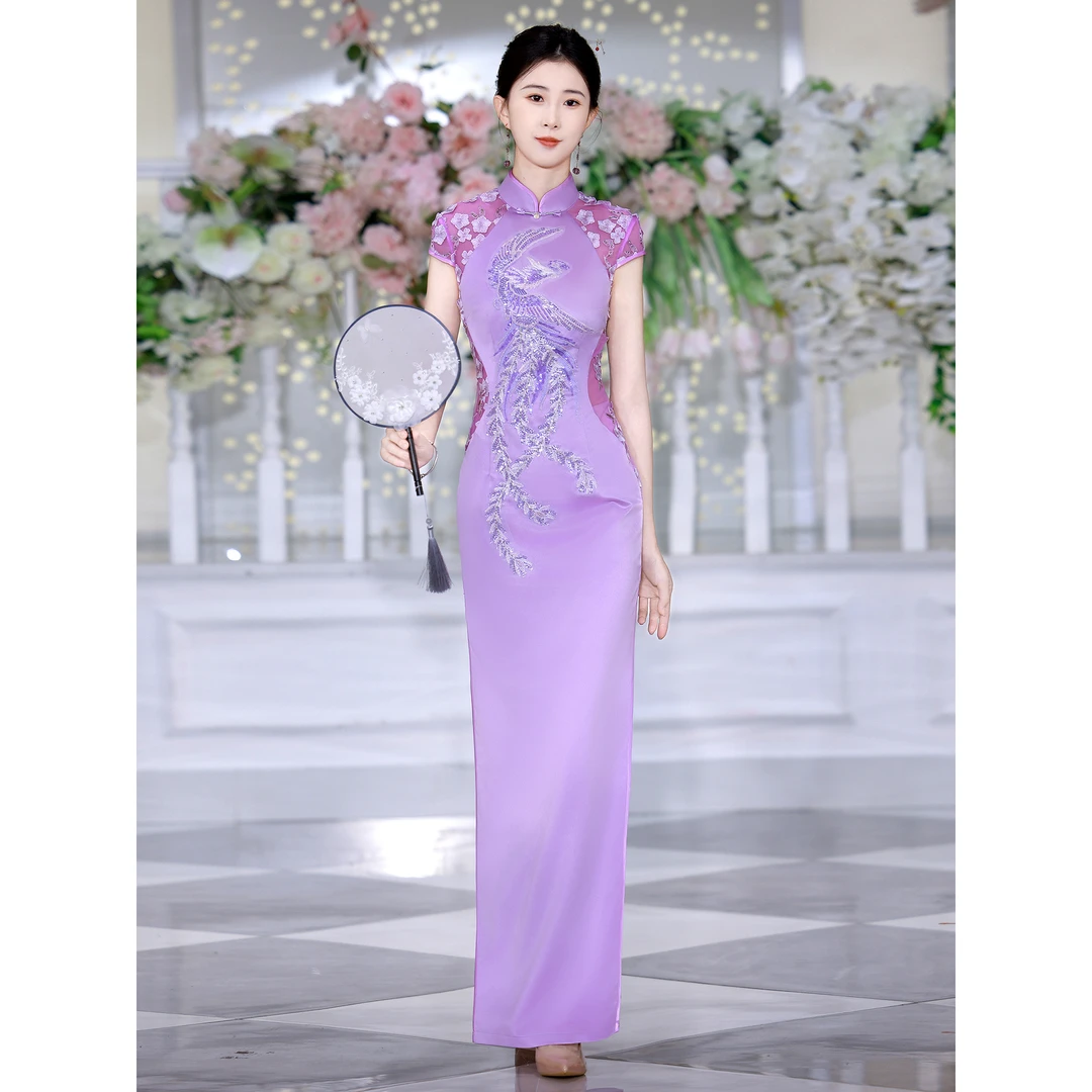 江南春天紫凤凰高端刺绣长款舞台走秀旗袍2025年新款新中式演出服