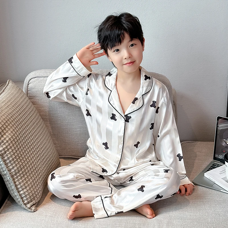 春秋季儿童薄款冰丝长袖睡衣男大童高级感家居服套装男孩夏空调服