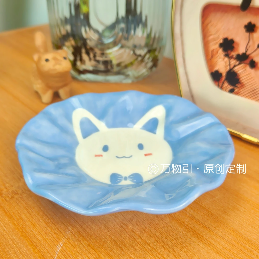 万物引 原创手绘猫咪系列釉下彩创意高颜值甜品盘水果盘餐盘汤盘