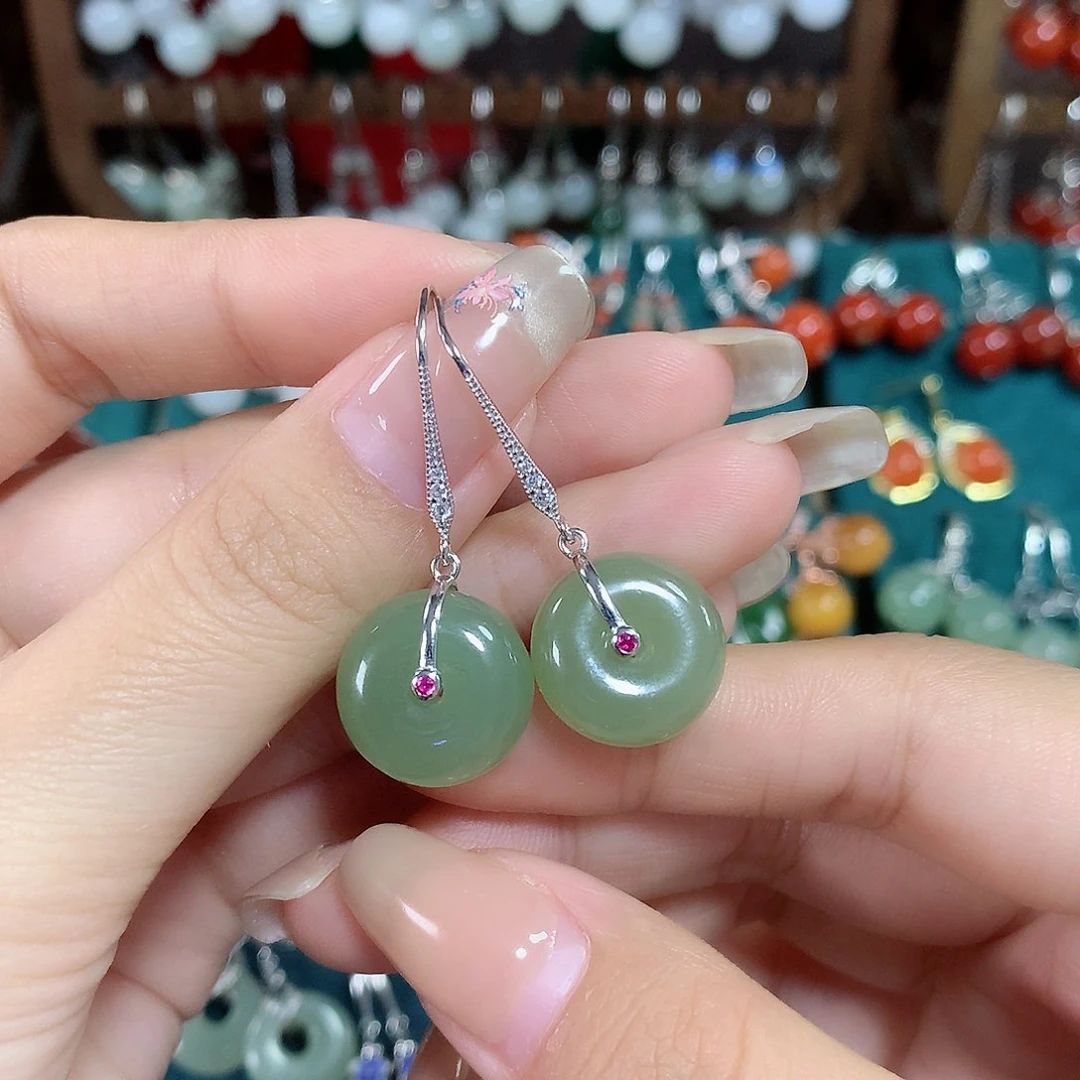 和田玉耳饰银S925镶嵌15*7+左右