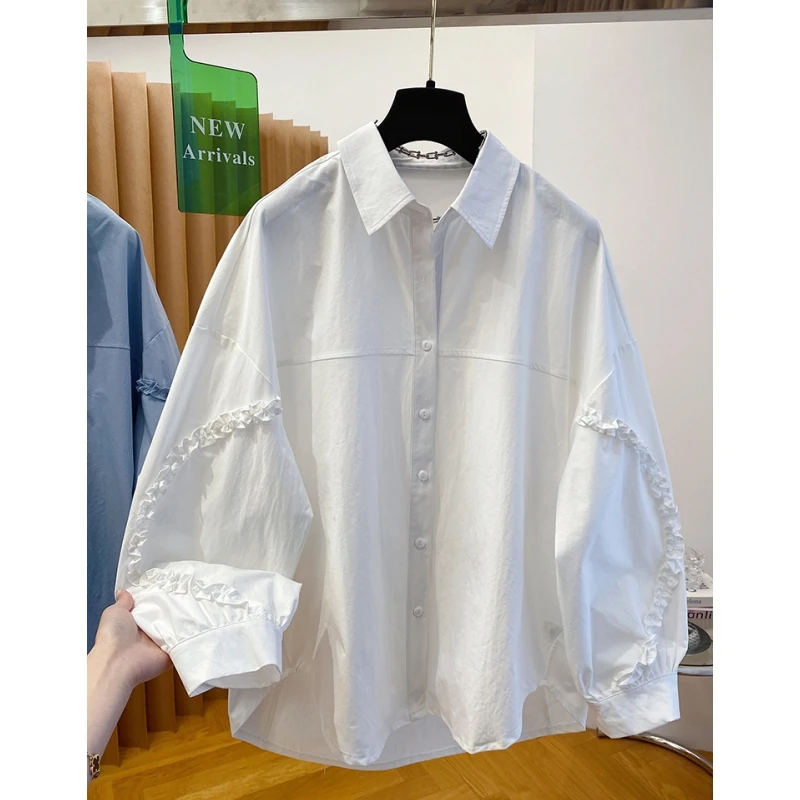 高级感木耳边拼接白色衬衫女长袖2025新款宽松大版遮屁股翻领上衣