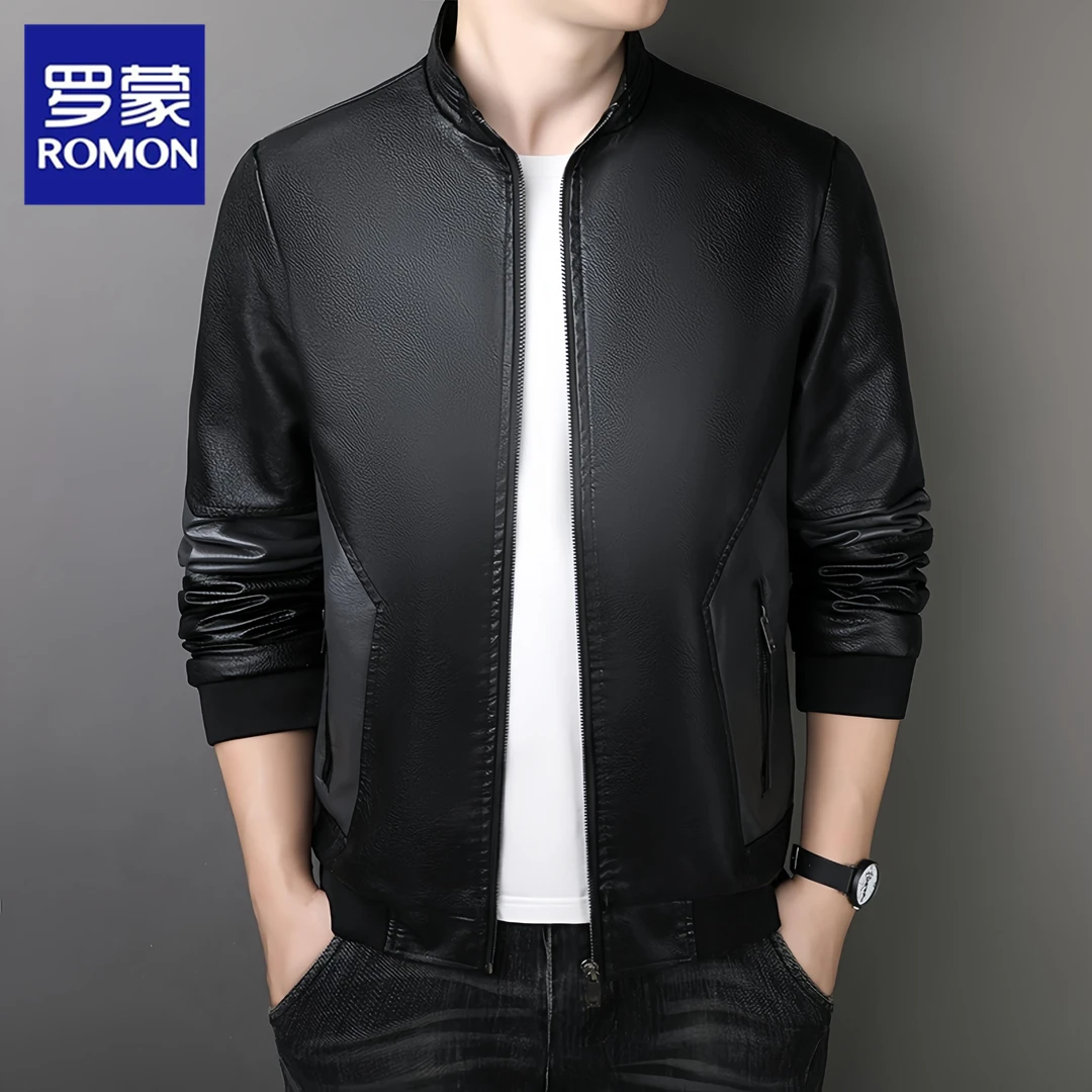 Romon/罗蒙秋冬新款男士皮衣夹克韩版修身上衣潮百搭休闲男装外套