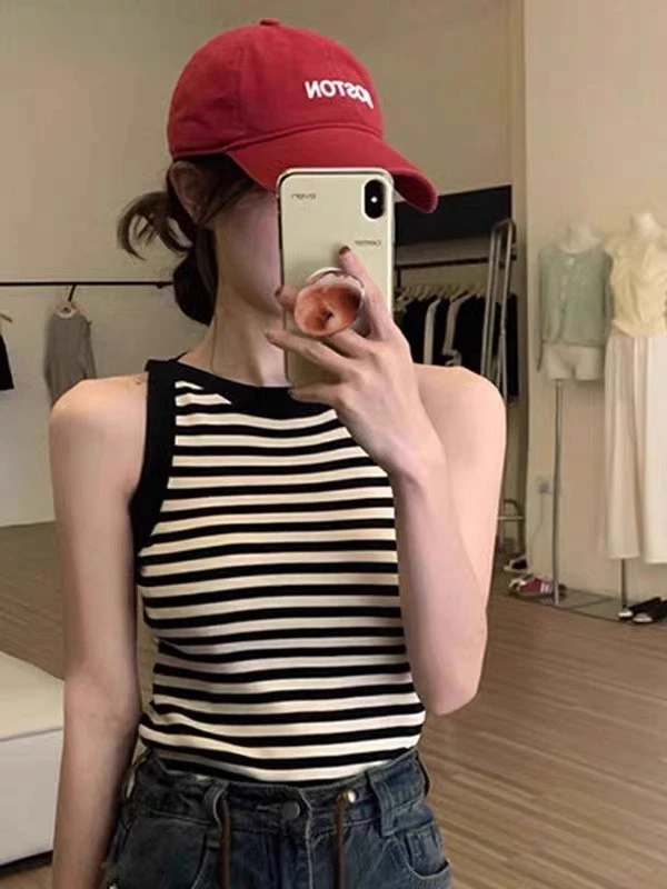30010夏季新款法式美背内搭气质百搭黑白条纹无袖吊带背心上衣T恤