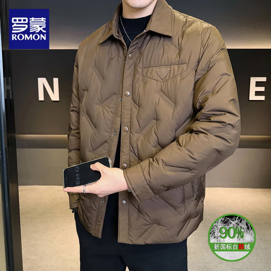 罗蒙外穿鹅绒服保暖翻领轻薄男士冬季外穿免烫修身百搭时尚外套男