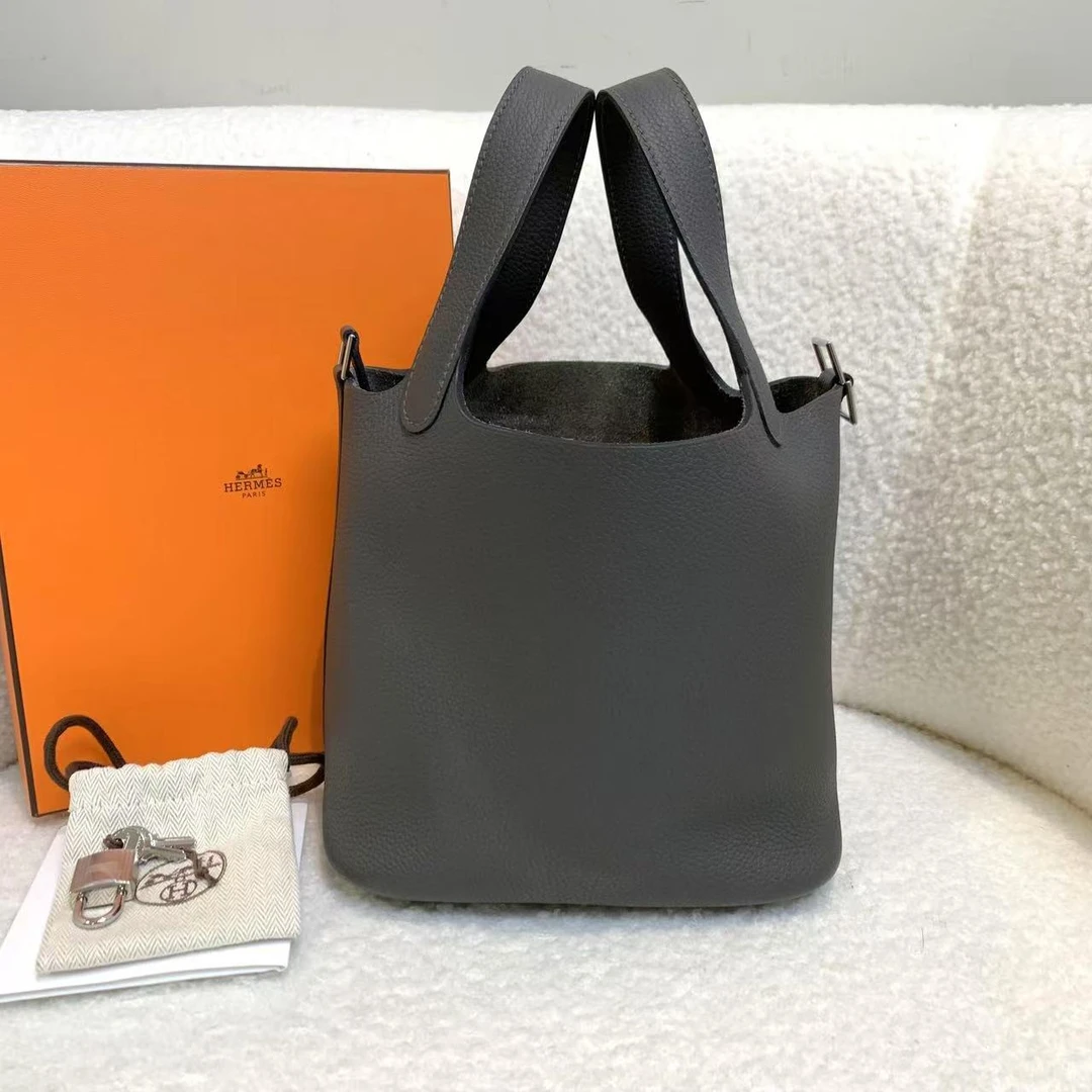 99新 Hermes/爱马仕 壹臻/U刻 石墨灰菜篮子18手提包/71625429