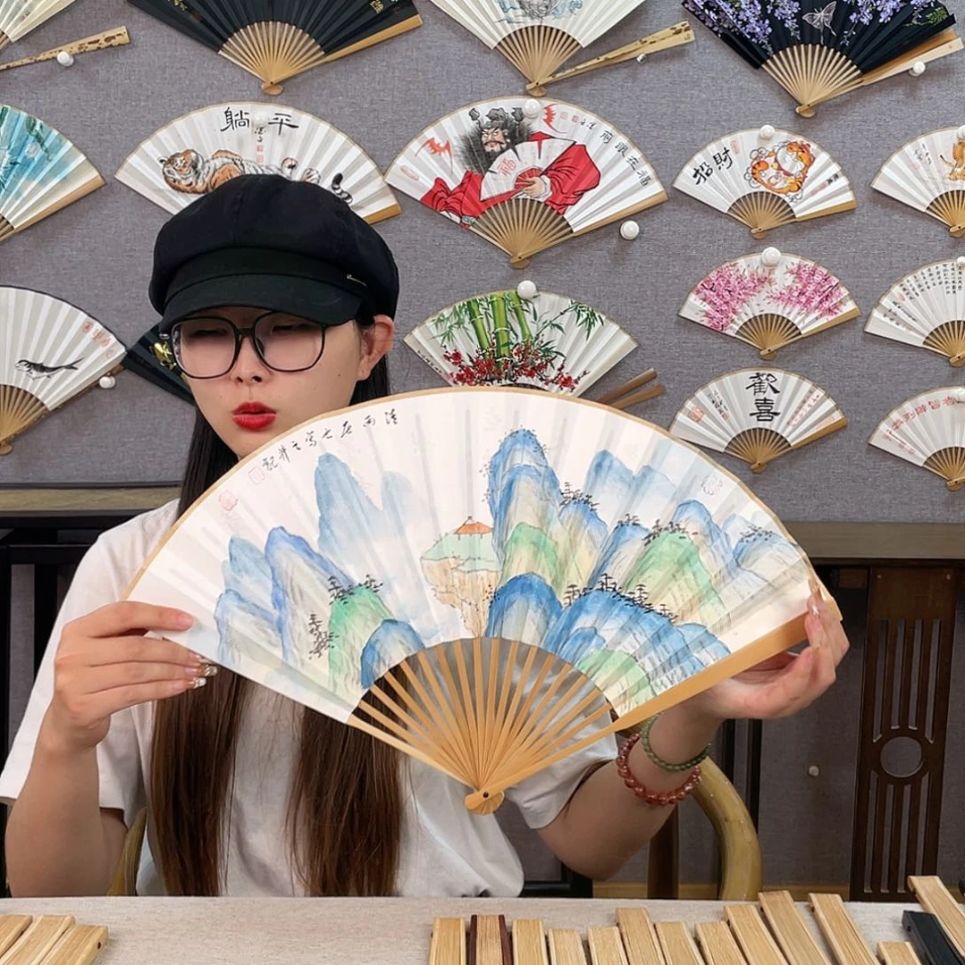 国画95寸玉竹-纯手绘-文玩扇骨（默认粘好）