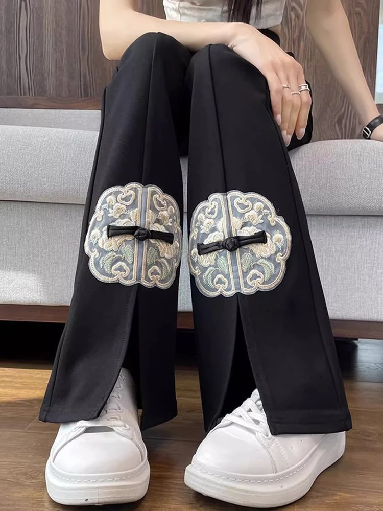 新中式国风潮流开叉喇叭裤刺绣阔腿高腰显瘦弹力百搭复古打底裤