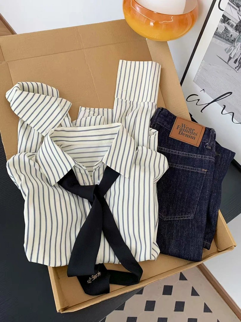 韩系宽松百搭竖条纹翻领衬衫配领带女新款小众气质学院风长袖上衣