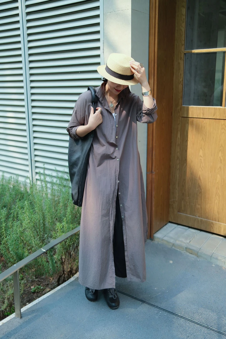 Li Wang/里望设计师款 日本纸感棉 长袖排扣翻领 百搭连衣裙