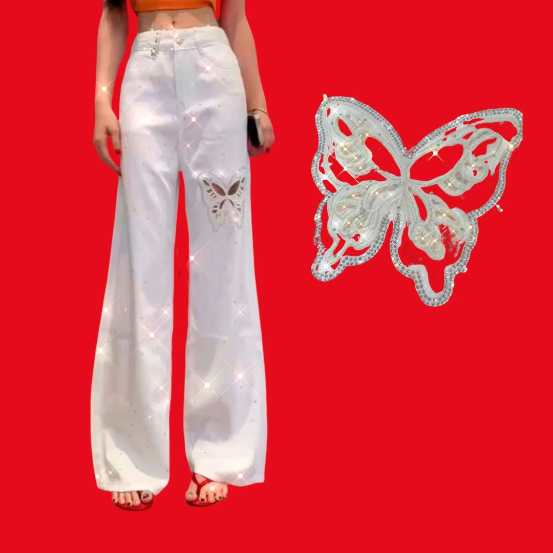 【漫老板】69200私服 定制欧货重工蝴蝶镂空窄版牛仔阔腿裤