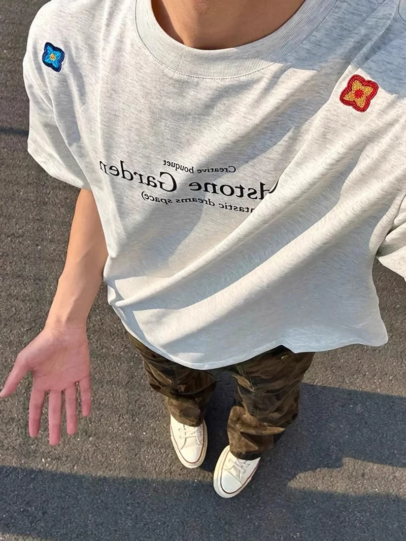 纯棉美式潮牌印花短袖夏季新款字母花朵T恤高街潮流重磅半袖上衣