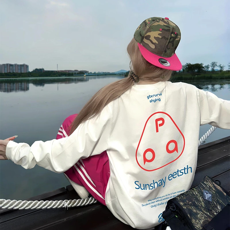 美式复古字母长袖t恤女早秋2025新款户外运动宽松设计休闲上衣潮