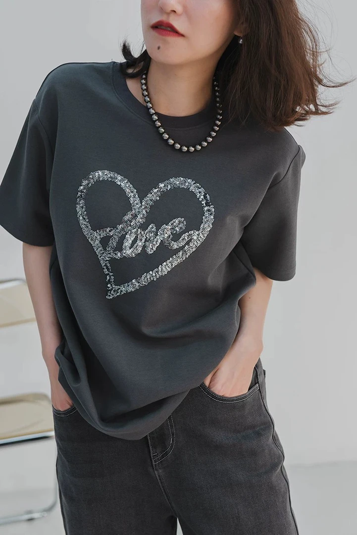 银心闪闪 重工爱心亮片绣精梳棉圆领短袖T恤女