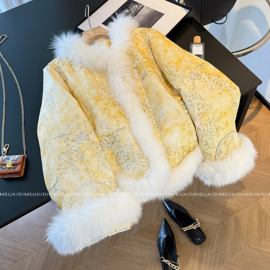 高级感新中式毛绒拼接皮草短外套女2025冬季款国风轻奢气质羽绒服