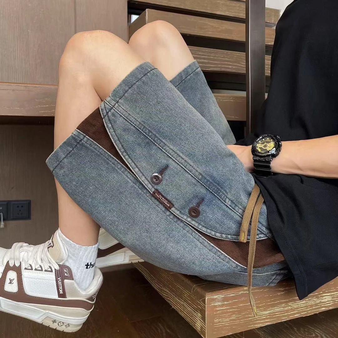 拼接五分裤男潮流青少年重磅牛仔短裤男裤子夏季宽松外穿美式复古