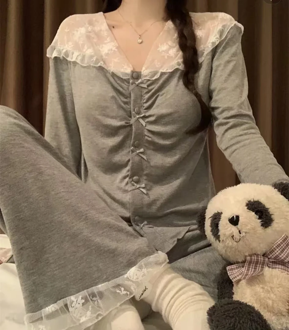 奶欲蕾丝~睡衣女秋冬季法式甜美带胸垫纯欲家居服套装~H44