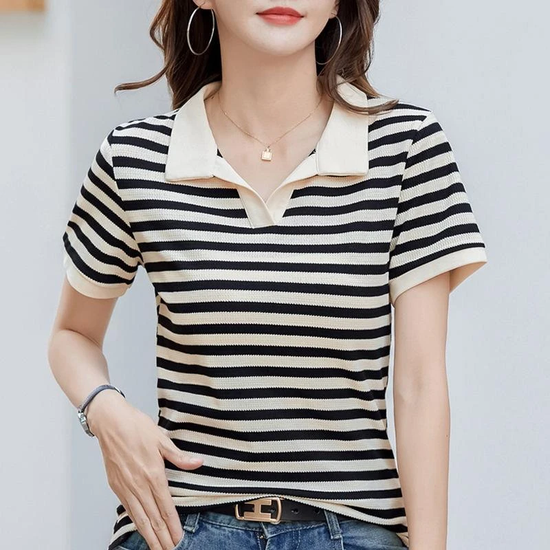 POLO领短袖t恤女2025夏季新款时尚条纹休闲翻领百搭宽松体恤上衣