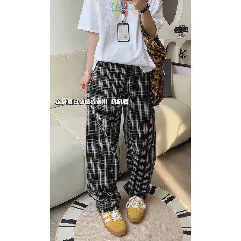 美式复古格子牛仔裤男夏季潮牌宽松显瘦微喇长裤直筒阔腿裤弯刀裤